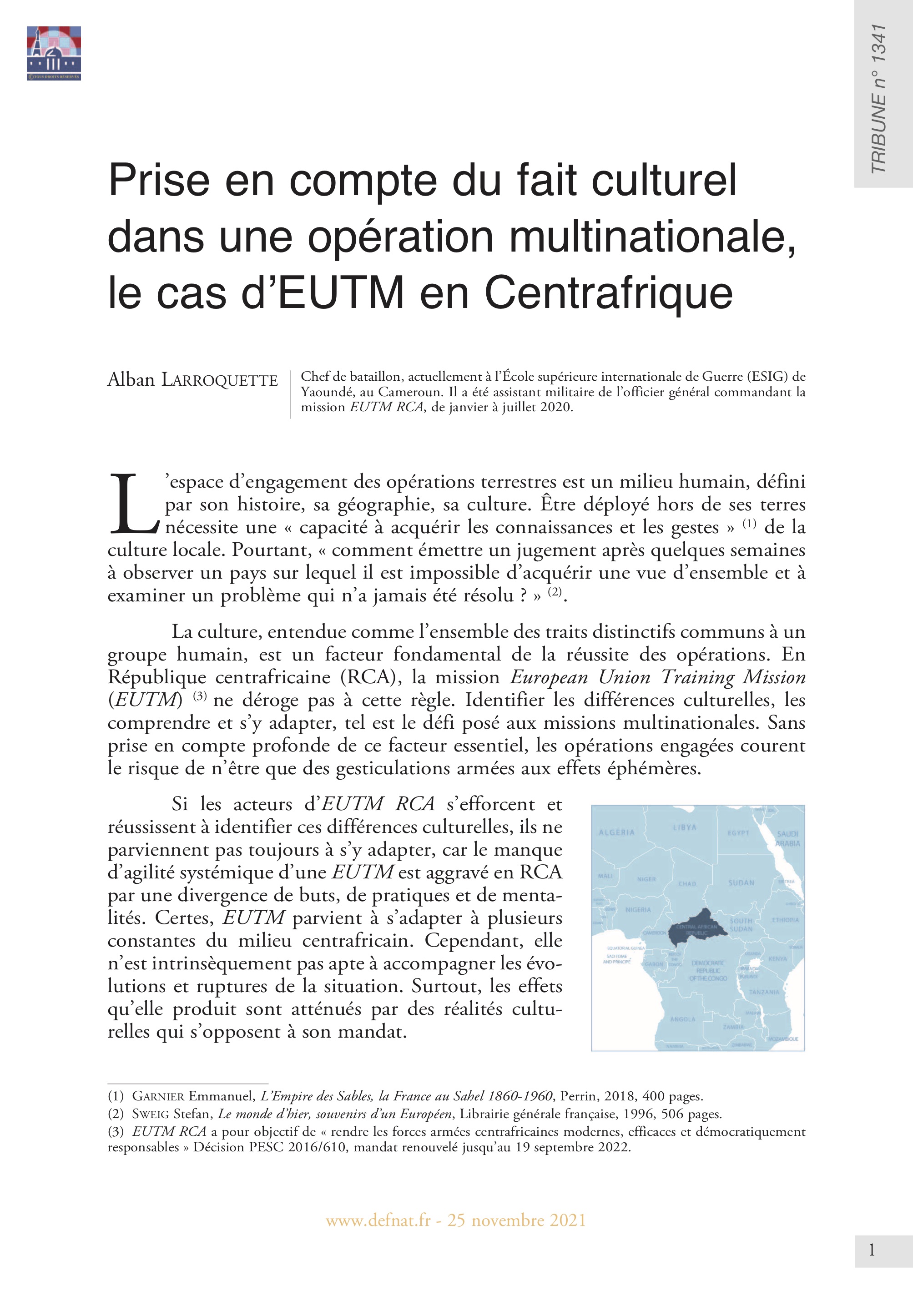 Prise en compte du fait culturel dans une opération multinationale, le cas d’EUTM en Centrafrique (T 1341)
